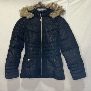 SOLD Michael Kors, Girls Black Jacket, Leopard Print, Faux Fur Hood, Size 14